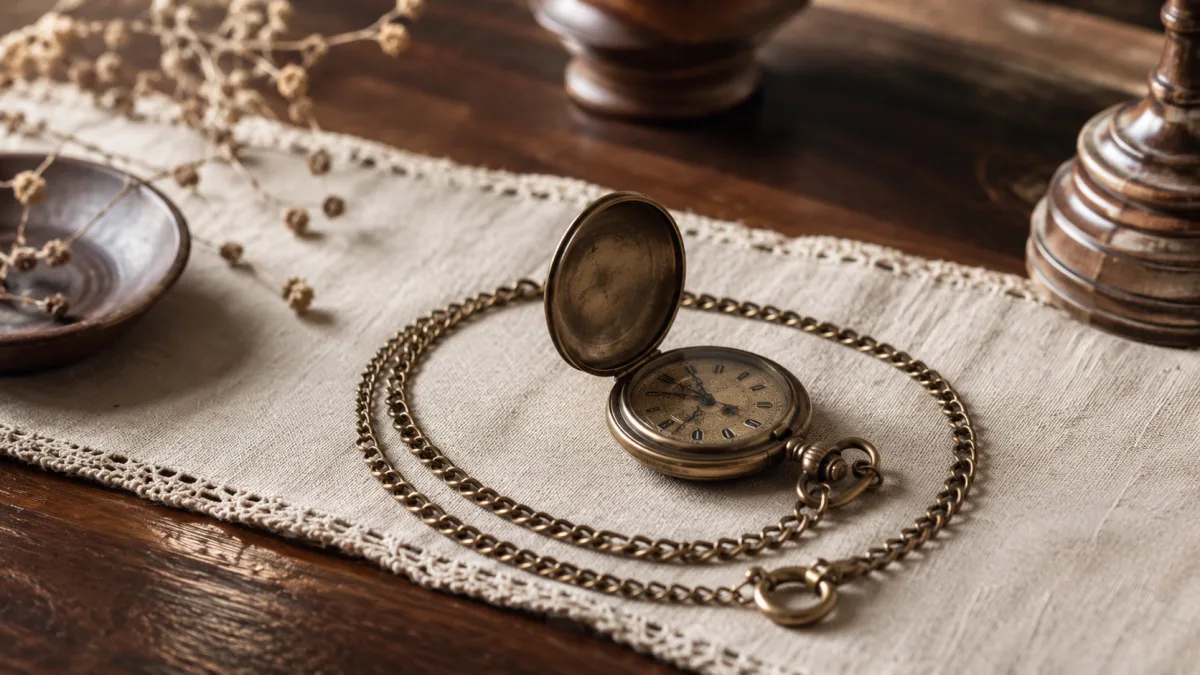 Geöffnete Messing-Taschenuhr mit gewickelter Kette als Bildanker für höhere Gäste-Frequenz