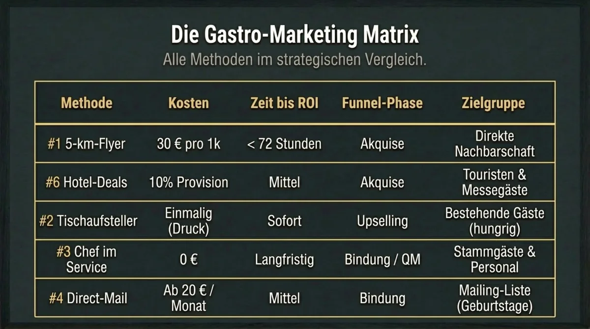 Restaurant Marketing Methoden Vergleich: Kosten, ROI und Zielgruppe der 7 Techniken im Überblick