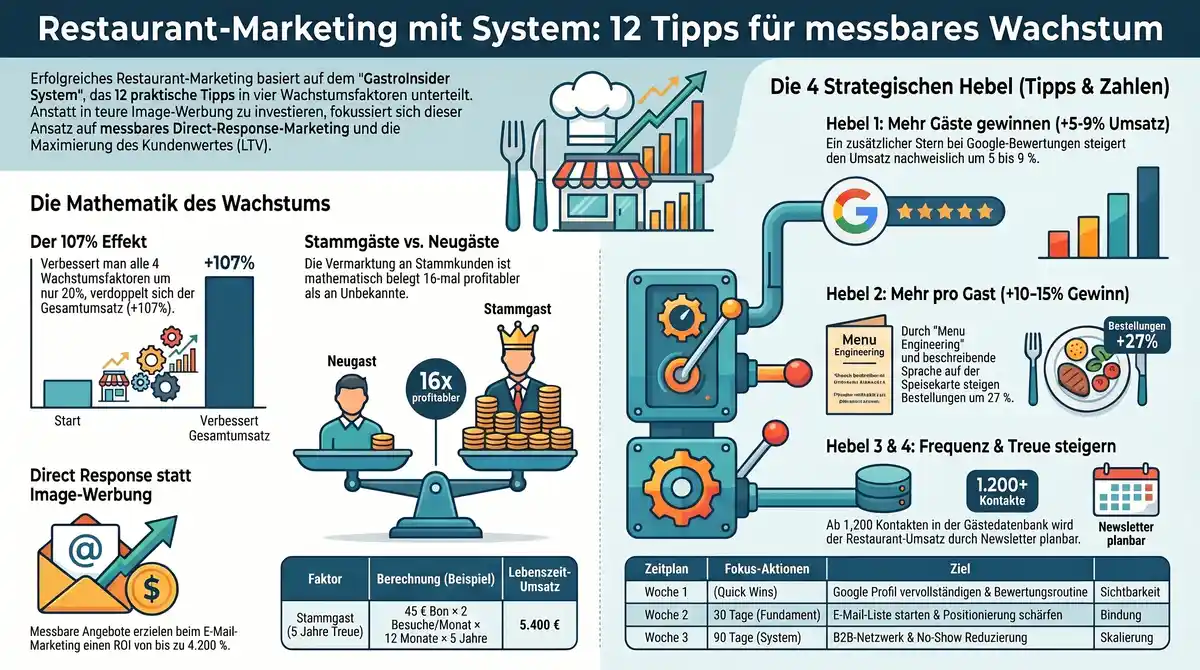 Restaurant-Marketing mit System: Infografik zu den 12 Tipps, 4 GastroInsider Wachstumsfaktoren und dem 90-Tage Aktionsplan