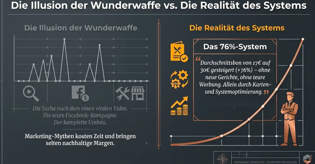 Vergleich: Die Illusion der Wunderwaffe vs. die Realität des Systems — das 76%-System steigert den Durchschnittsbon von 17€ auf 30€ durch systematische Optimierung