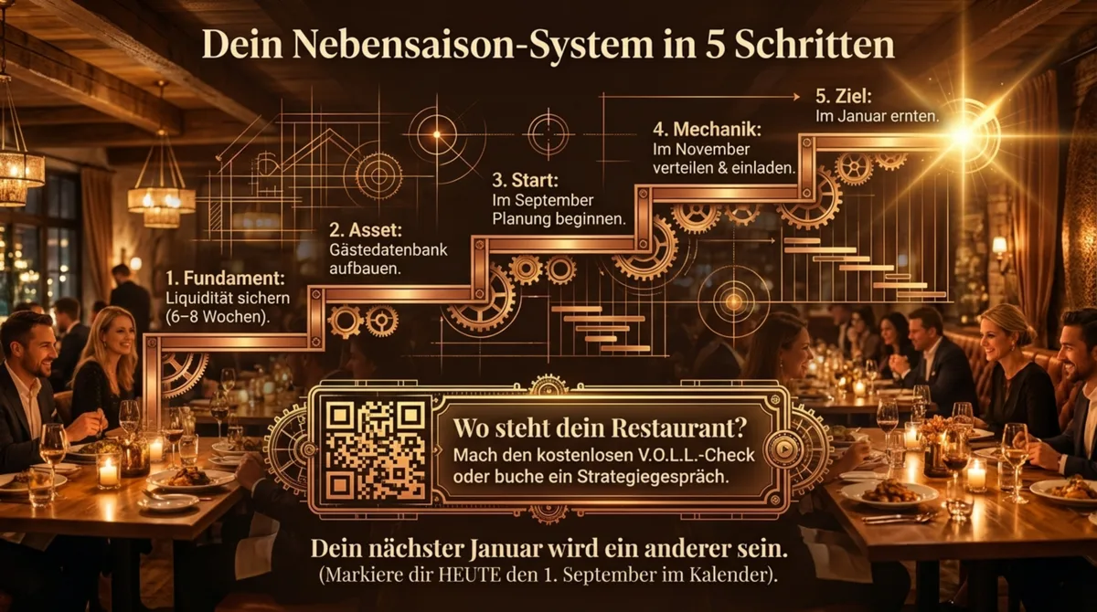 Das Restaurant-Nebensaison-System in 5 Schritten: Liquidität sichern, Gästedatenbank, Zielgruppe, Kampagnen starten, Partner aktivieren