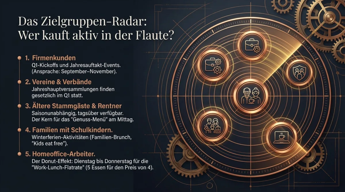 Das Zielgruppen-Radar: Fünf Gruppen die in der Gastronomie-Nebensaison aktiv kaufen – Firmenkunden, Senioren, Familien, Freiberufler und Stammgäste