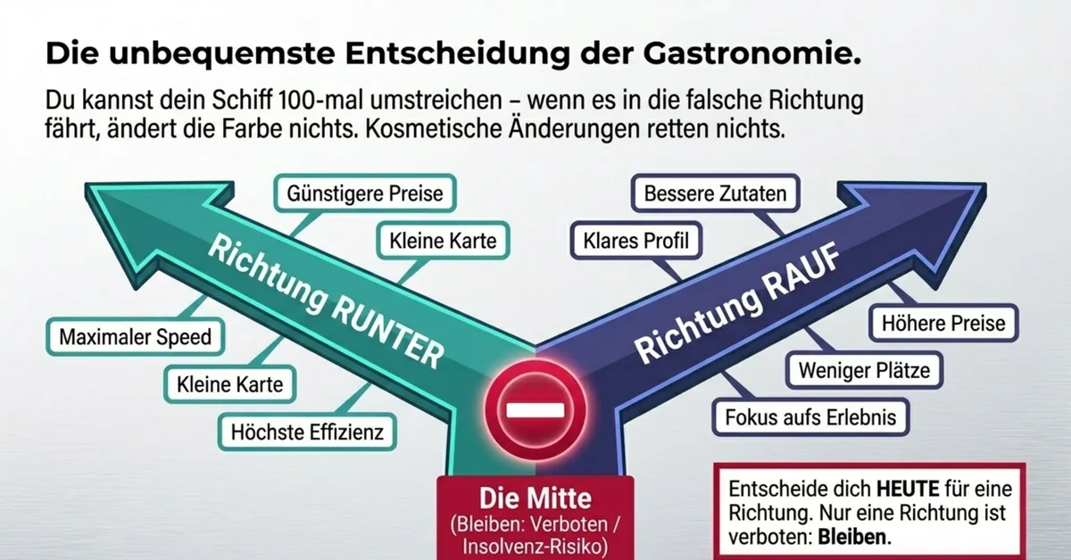 Restaurant Positionierung Entscheidung: Richtung Runter Wert-Champion oder Rauf Erlebnis-Champion, nie in der Mitte bleiben