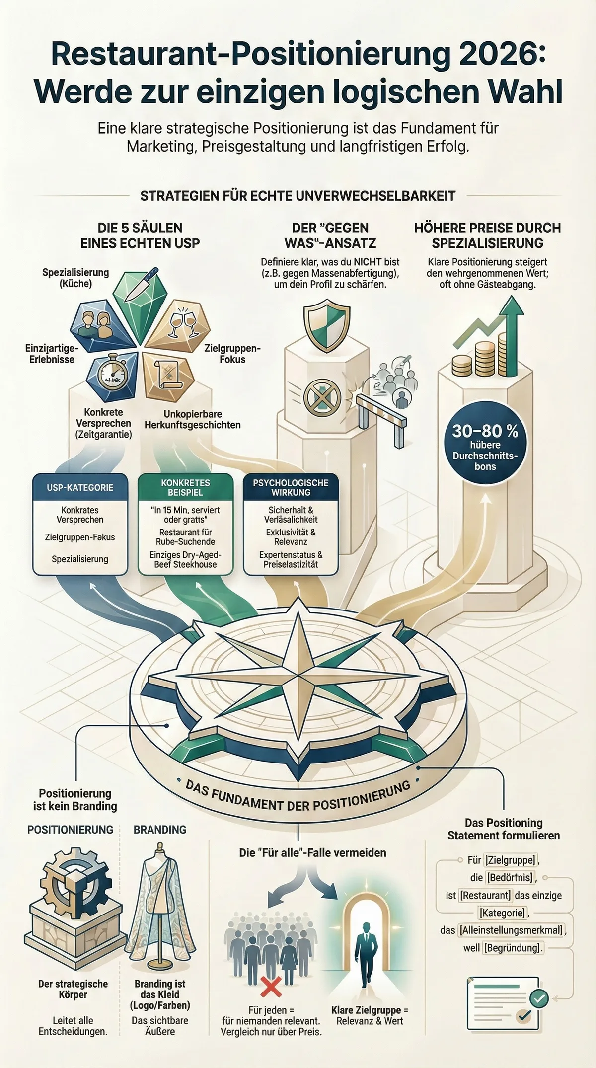 Infografik: Restaurant-Positionierung 2026 – vollständige Strategie zur unverwechselbaren Marke mit USP, Differenzierung, Positioning Statement und Preiseffekten