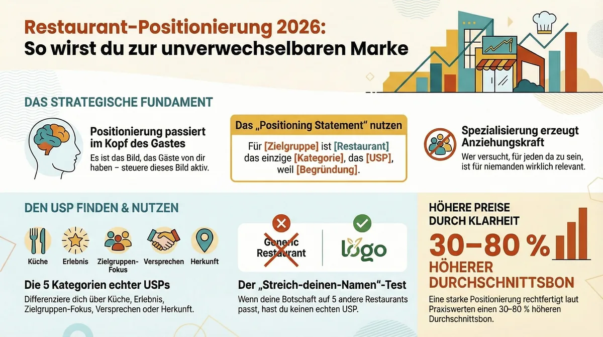 Infografik Restaurant-Positionierung 2026: Strategisches Fundament, USP-Kategorien, Positioning Statement Formel und Preisvorteile durch Spezialisierung