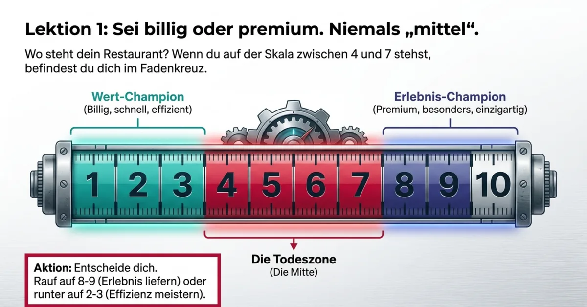 Restaurant Positionierung Skala: Wert-Champion 1 bis 3, Todeszone Mitte 4 bis 7, Erlebnis-Champion 8 bis 10