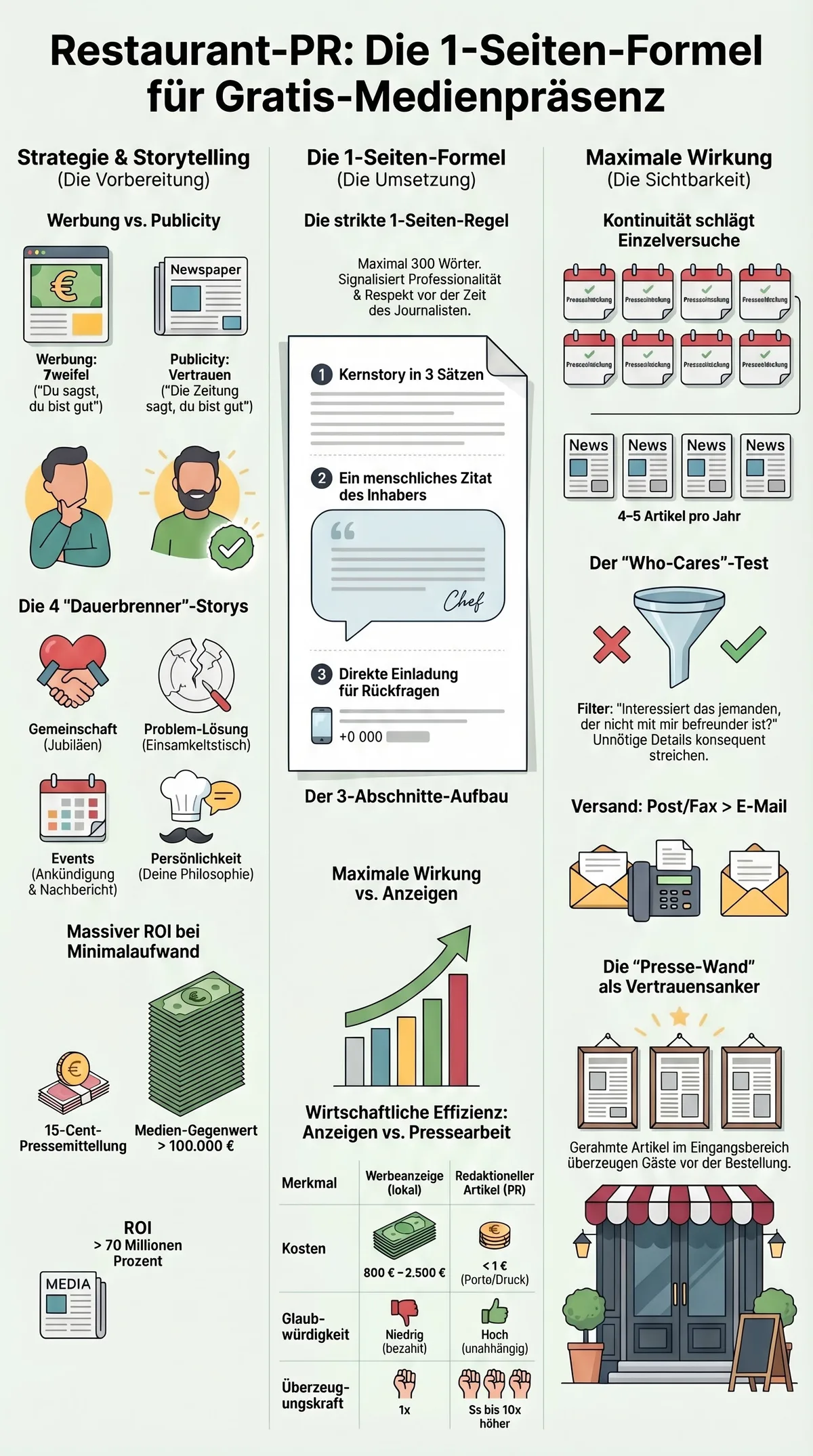 Restaurant-PR Infografik: Die 1-Seiten-Formel für Gratis-Medienpräsenz – Strategie, Story-Typen, Who-Cares-Test, Medienverteiler und 12-Wochen-Plan