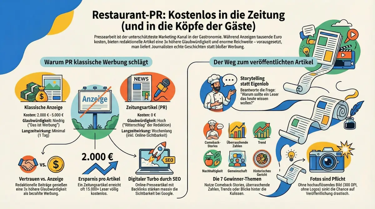 Infografik Restaurant PR: Earned Media schlägt jede Anzeige – Vergleich Kosten, Glaubwürdigkeit und SEO-Wirkung