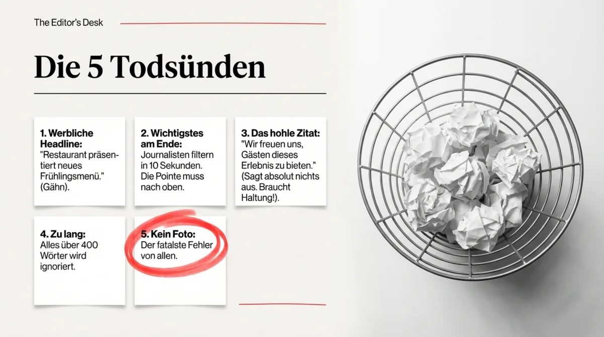 Die 5 häufigsten Fehler in Restaurant-Pressemitteilungen: werbliche Headline, Pointe am Ende, hohle Zitate, zu lang, kein Foto