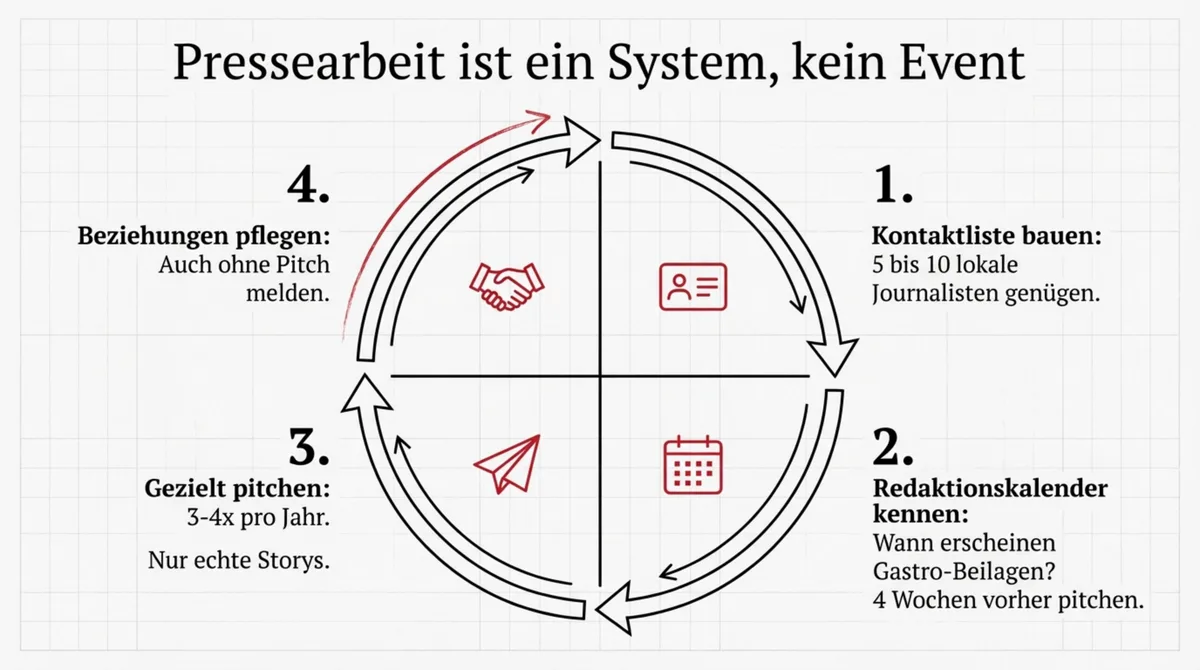 Pressearbeit als System: 4-Schritte-PR-Kreislauf – Kontaktliste, Redaktionskalender, gezielt pitchen, Beziehungen pflegen