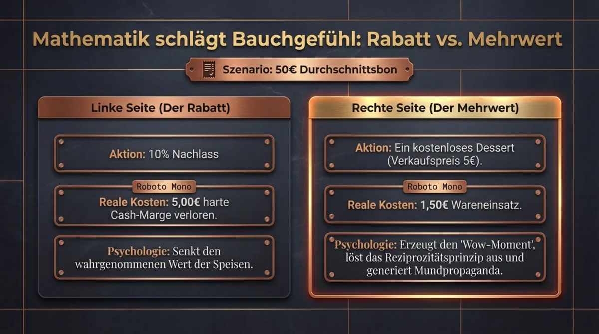 Rabatt vs. Mehrwert Vergleich: 10 Prozent Nachlass kostet 5 Euro Cash-Marge, ein kostenloses Dessert kostet nur 1,50 Euro Wareneinsatz und erzeugt einen Wow-Moment