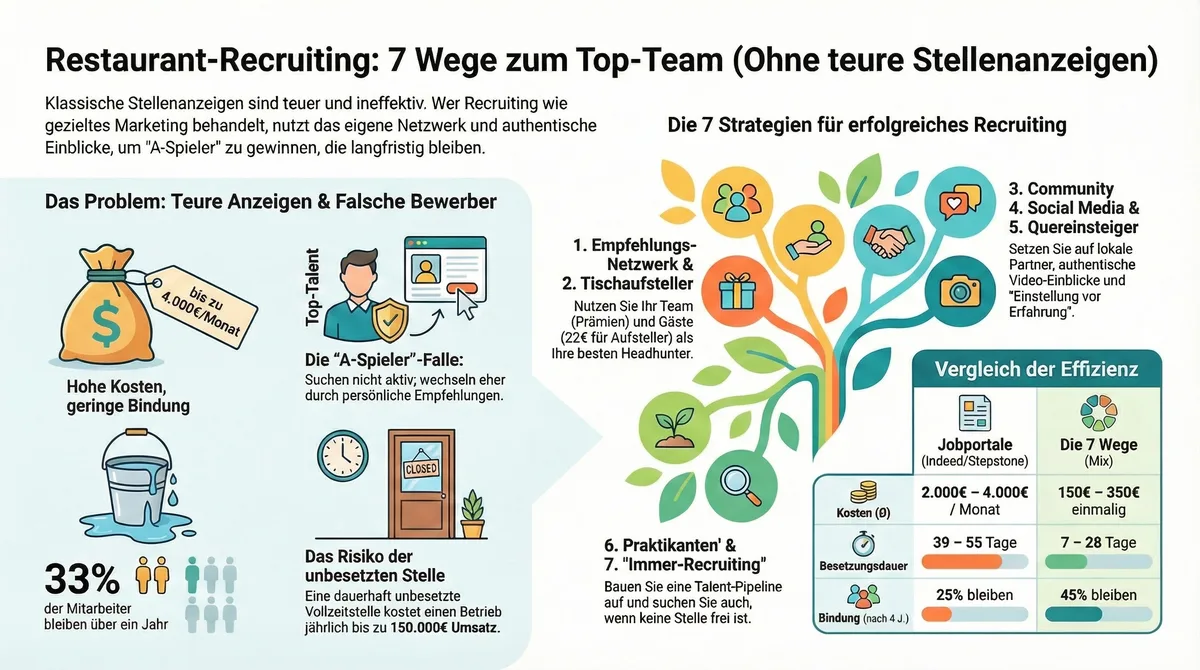 Infografik Restaurant-Recruiting 7 Wege zum Top-Team ohne teure Stellenanzeigen – Kostenvergleich und Effizienzübersicht