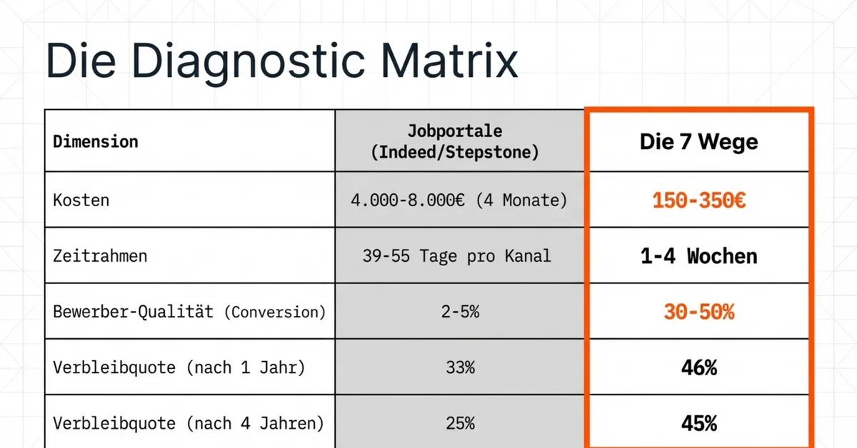 Kostenvergleich Restaurant-Recruiting Jobportale 4000 bis 8000 Euro vs 7 Wege 150 bis 350 Euro – Diagnostic Matrix