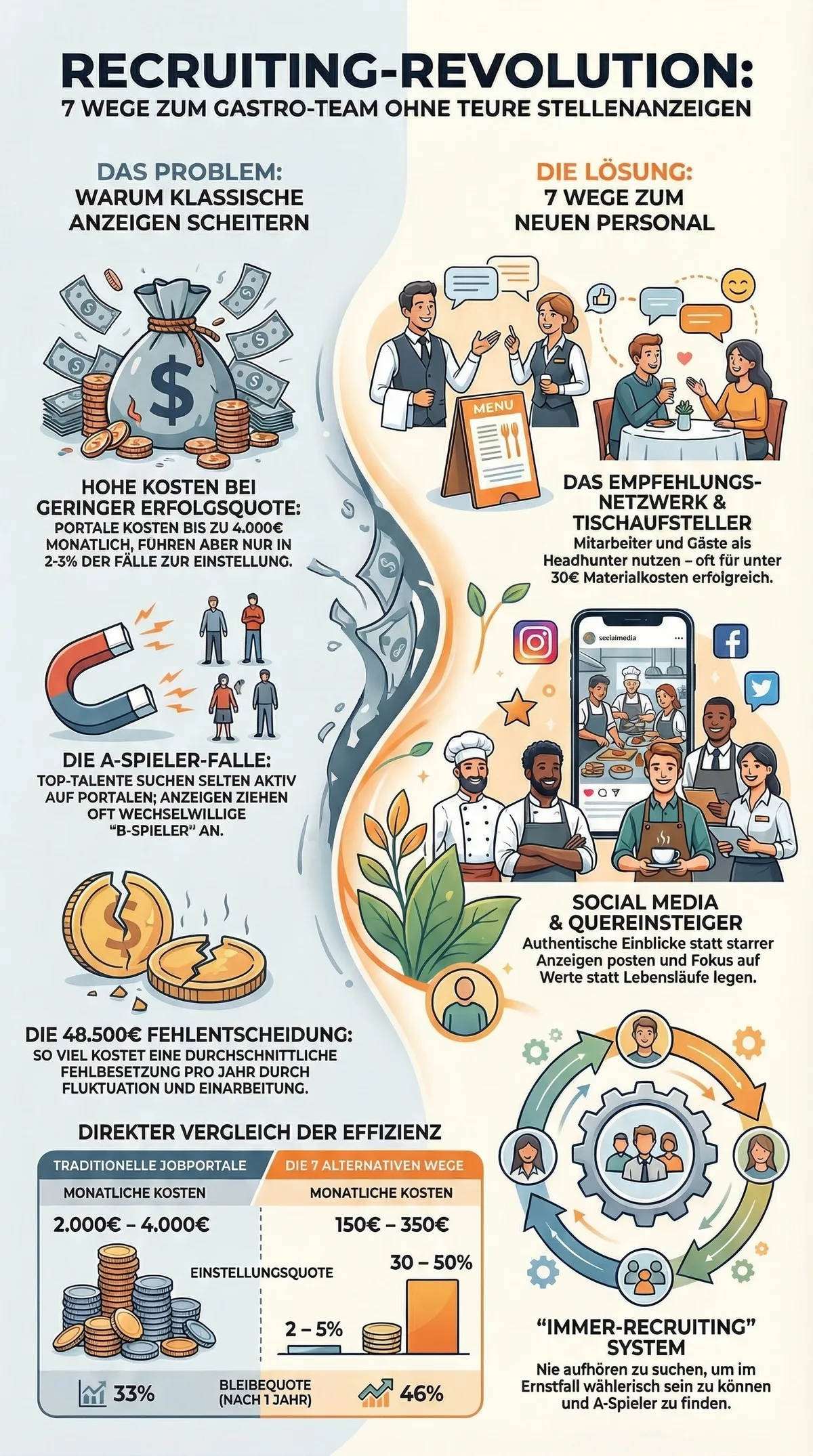 Infografik Recruiting-Revolution 7 Wege zum Gastro-Team ohne teure Stellenanzeigen – vollständiger Systemvergleich