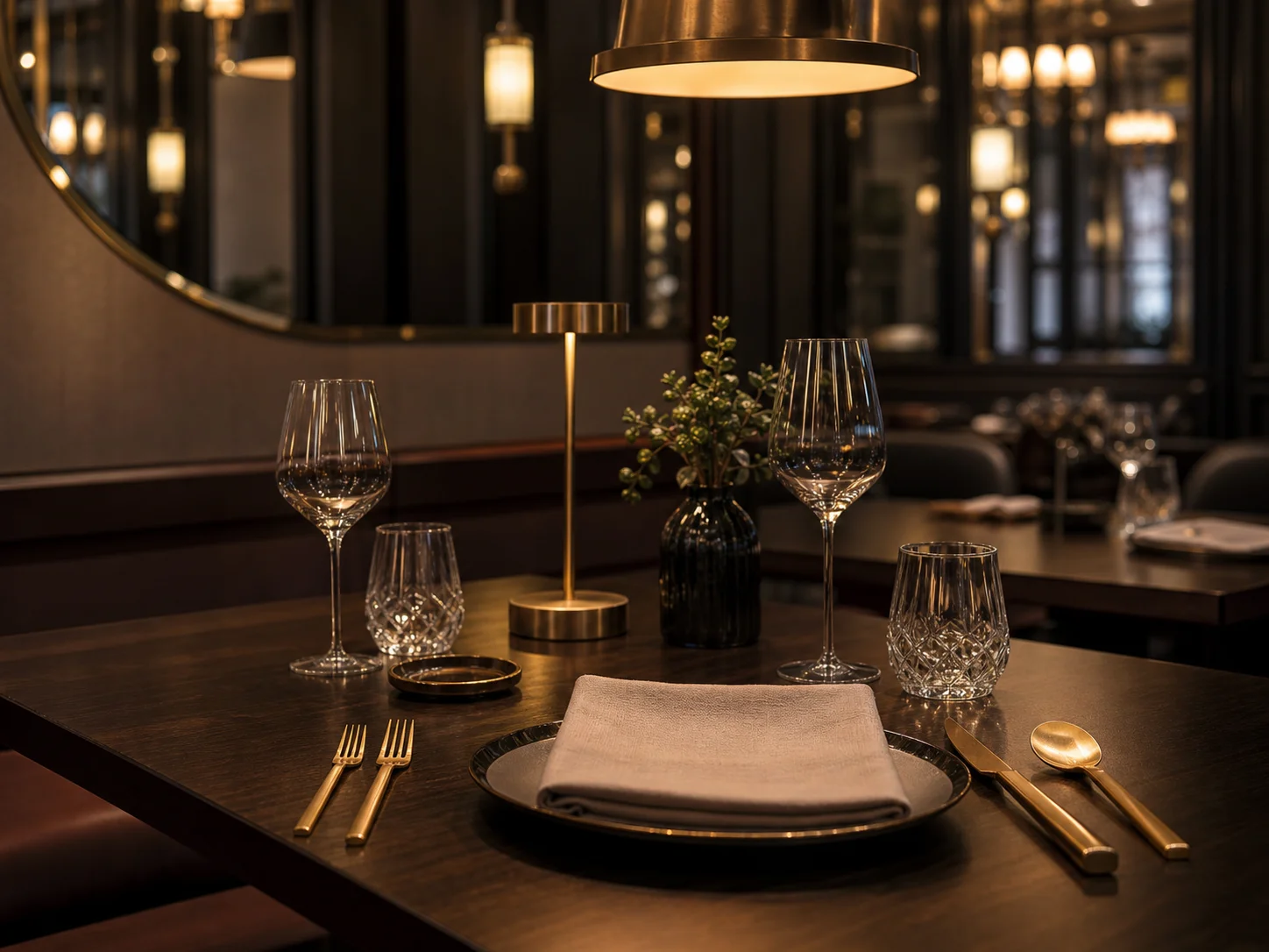 Fine-Dining-Tischarrangement mit Leinen-Serviette, geschliffenen Gläsern und gebürstetem Messing-Besteck auf dunklem Holz
