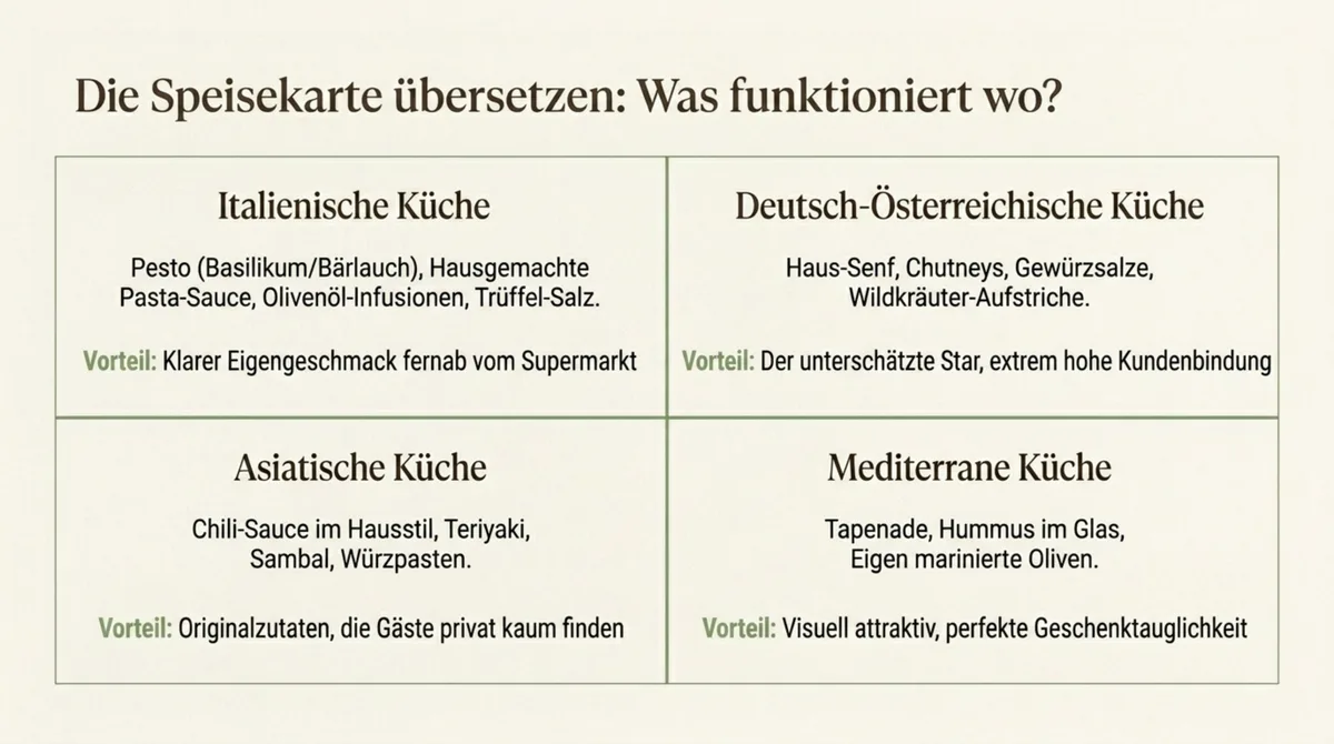 Restaurant Retail-Produkte nach Küchenstil: Italienisch, Deutsch, Asiatisch, Mediterran