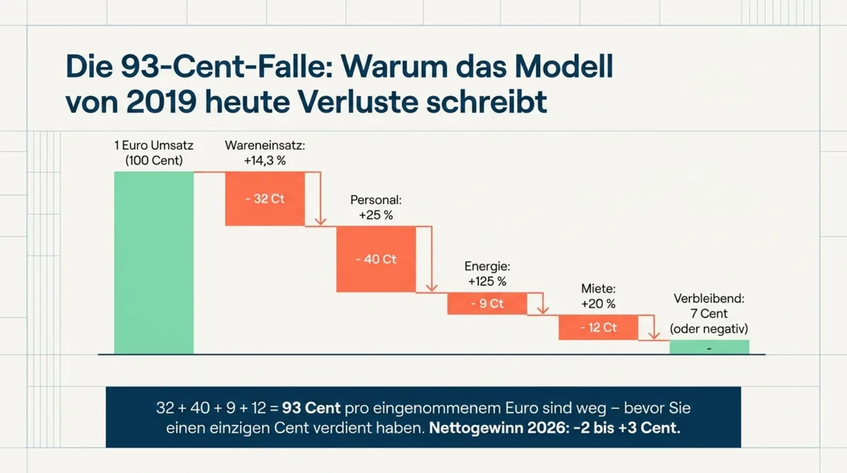 Die 93-Cent-Falle: Warum die Kostenstruktur 2026 Verluste schreibt – Wareneinsatz, Personal, Energie und Miete im Vergleich zu 2019