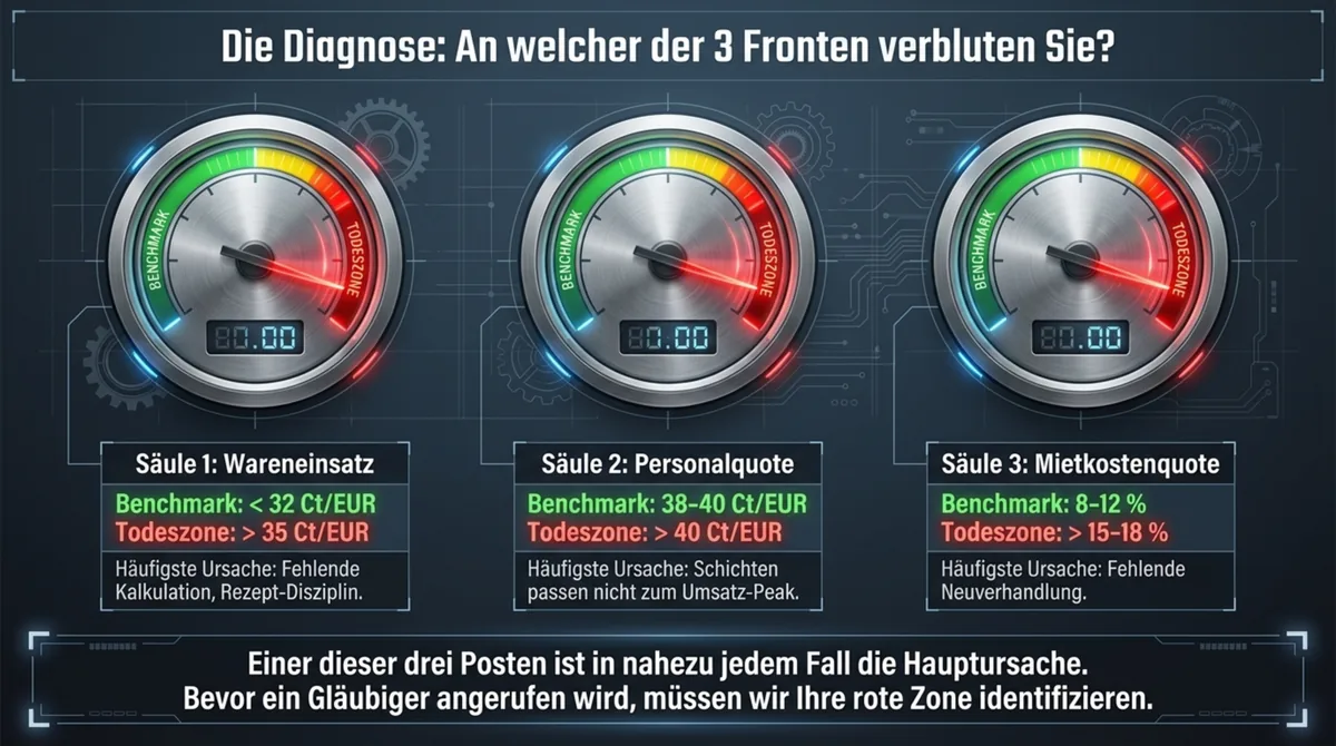 Restaurant Schulden Diagnose: Wareneinsatz, Personalquote und Mietkostenquote – an welcher der 3 Fronten verblutet der Betrieb