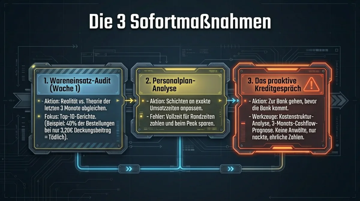 Restaurant Schulden Phase 1 Sofortmaßnahmen: Wareneinsatz-Audit, Personalplan-Analyse, pro-aktives Kreditgespräch