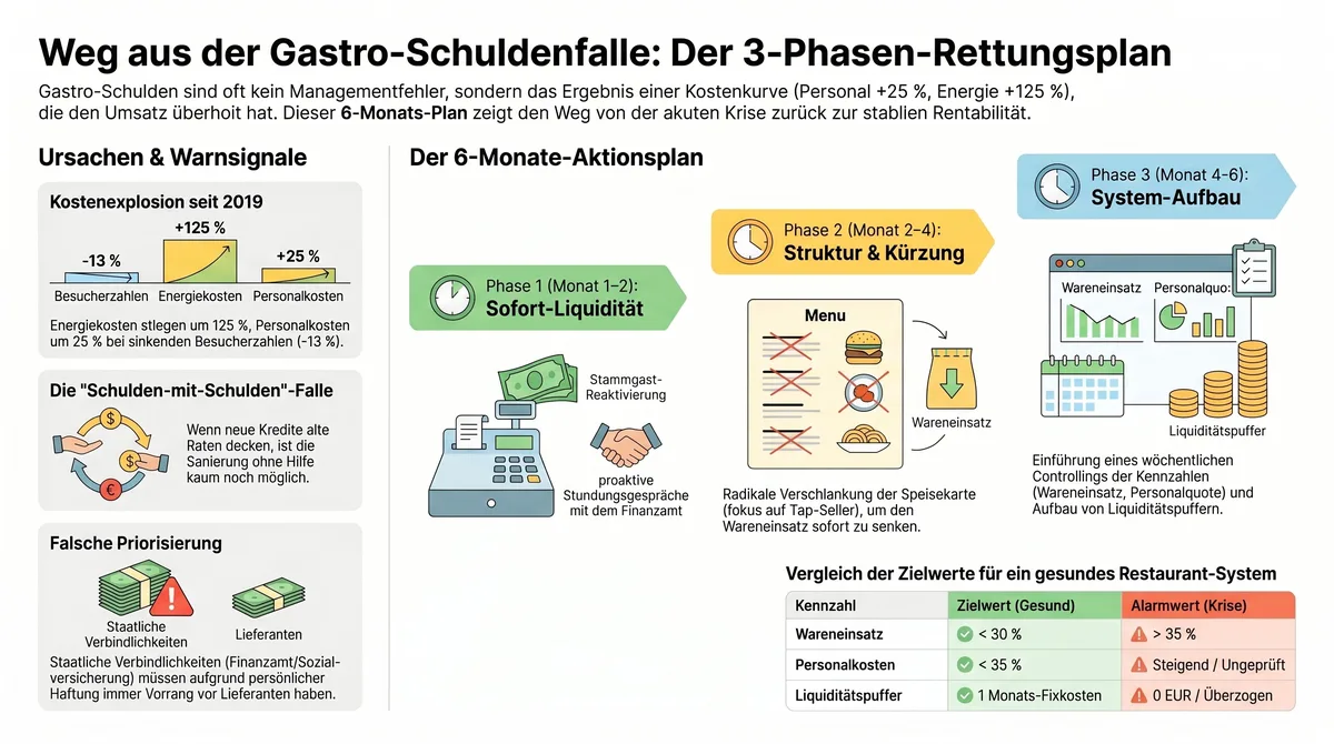 Infografik: Weg aus der Gastro-Schuldenfalle – Der 3-Phasen-Rettungsplan mit Ursachen, Warnsignalen und Zielwerten im Überblick