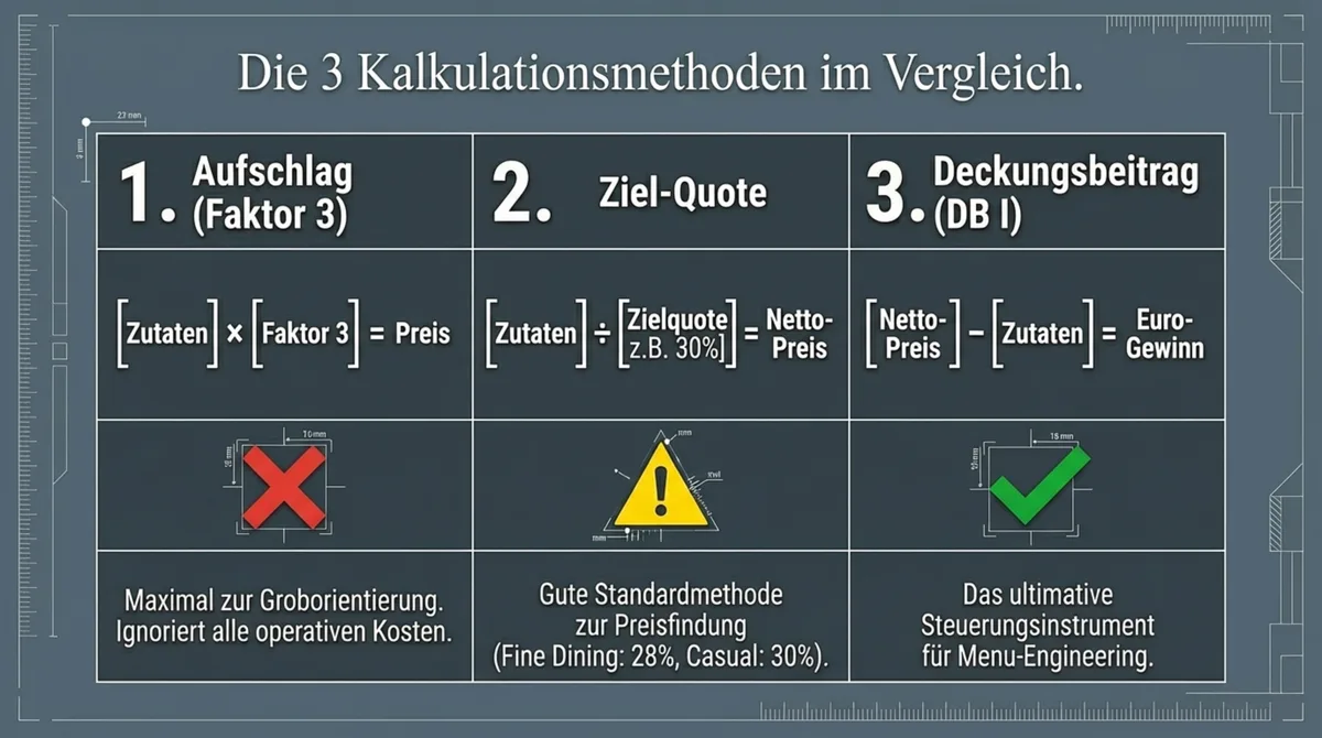 Restaurant Speisekarte Kalkulation: Die 3 Methoden im Vergleich – Aufschlag, Ziel-Quote, Deckungsbeitrag