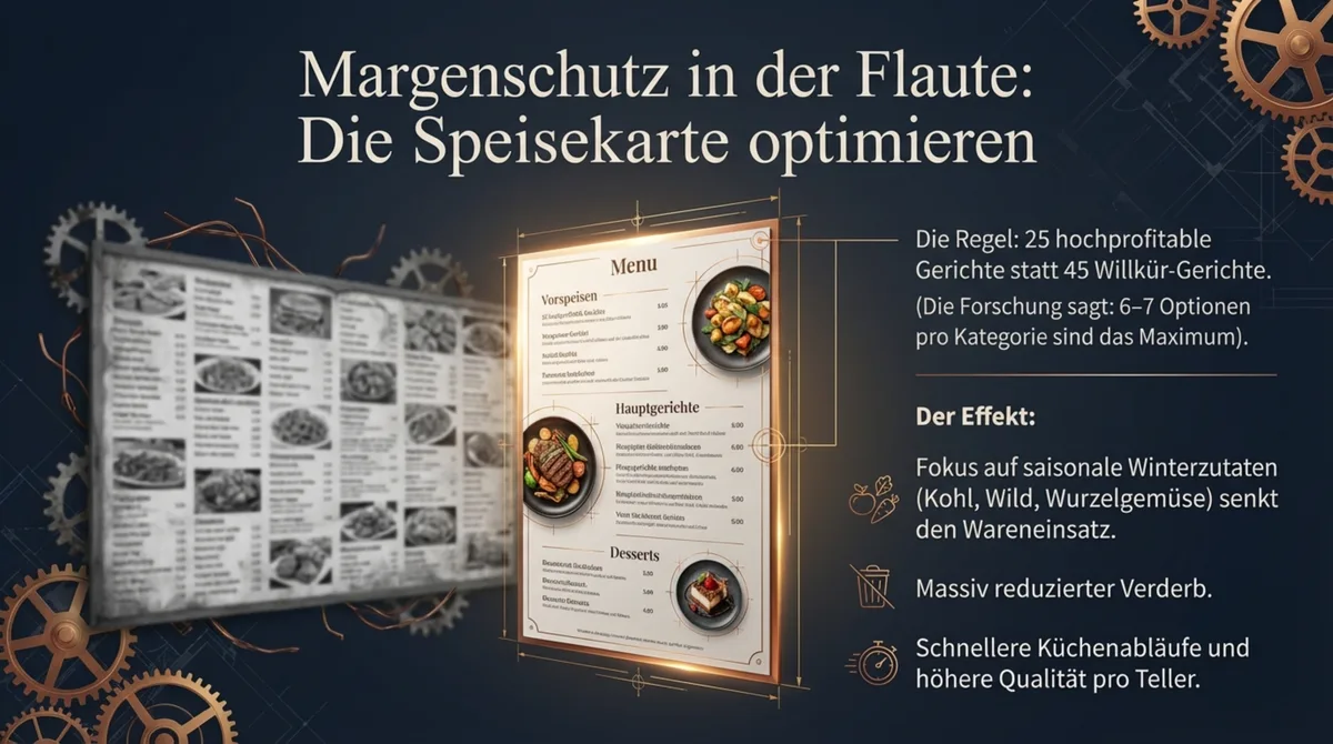 Margenschutz in der Nebensaison: Speisekarte auf Winter-Karte reduzieren, Deckungsbeitrag optimieren, Foodcost senken