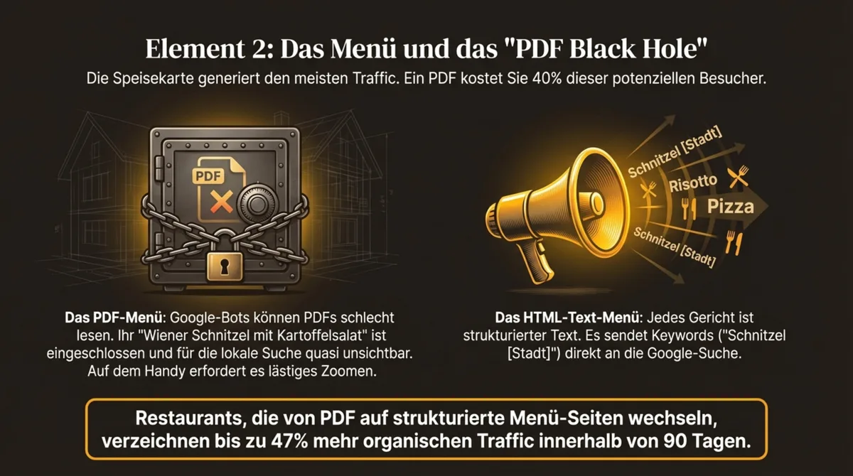 Restaurant-Speisekarte PDF Black Hole vs HTML-Textmenü: das PDF kostet 40% organischen Traffic