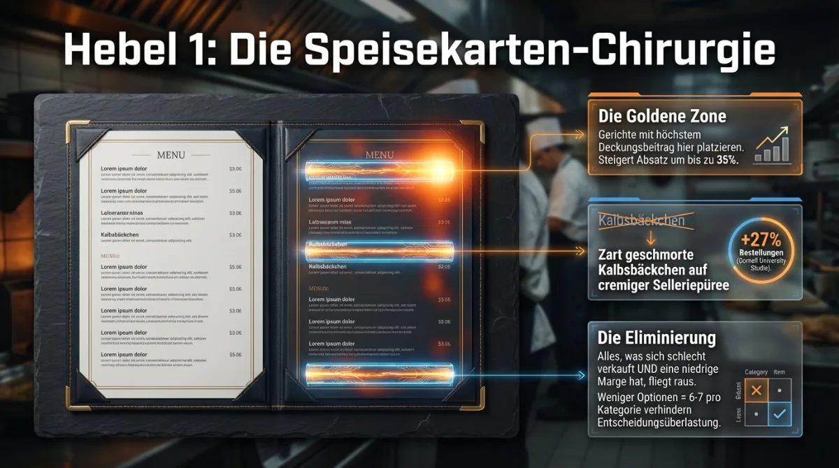 Hebel 1 Speisekarten-Chirurgie – Menu Engineering mit goldener Zone für mehr Marge im Restaurant