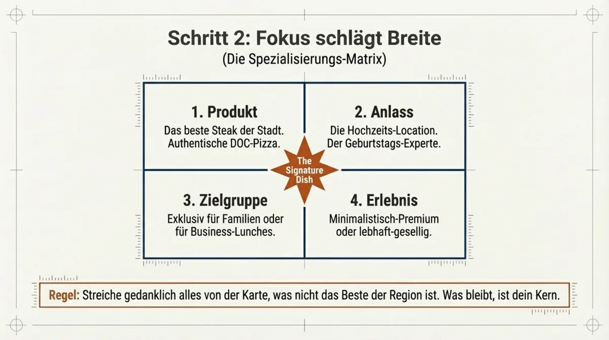 Restaurant Spezialisierung: Die 4-Felder-Matrix mit Produkt, Anlass, Zielgruppe und Erlebnis plus Signature-Dish-Regel