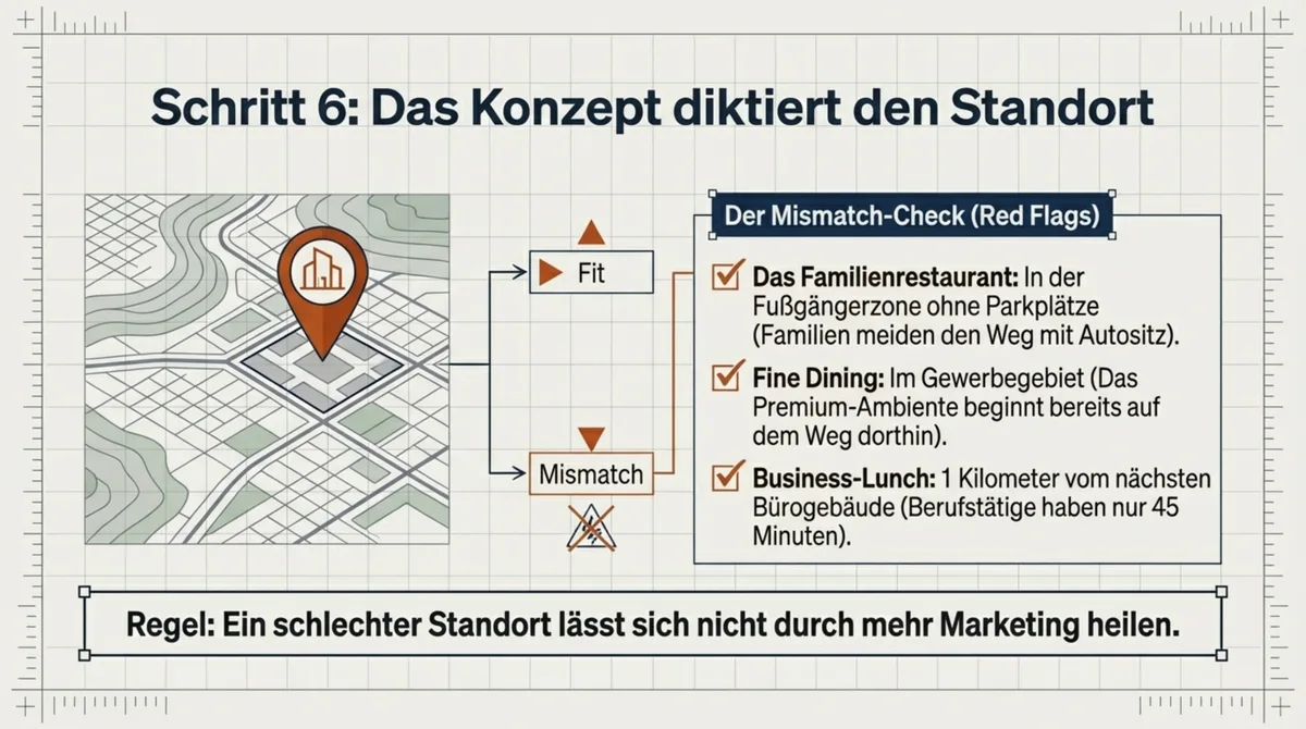 Restaurant Standort wählen: Konzept diktiert Standort – Mismatch-Check mit Red Flags für Familienrestaurant und Fine Dining