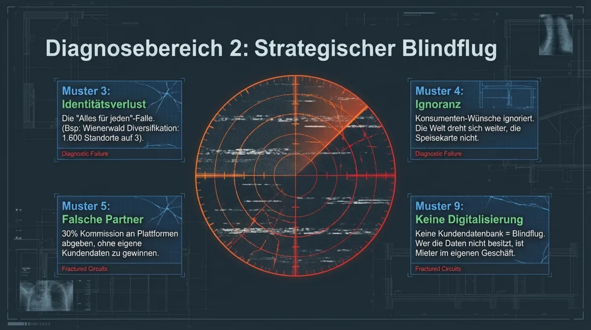 Diagnosebereich Strategischer Blindflug: Identitätsverlust, Konsumenten-Ignoranz und fehlende Digitalisierung als Scheiter-Muster
