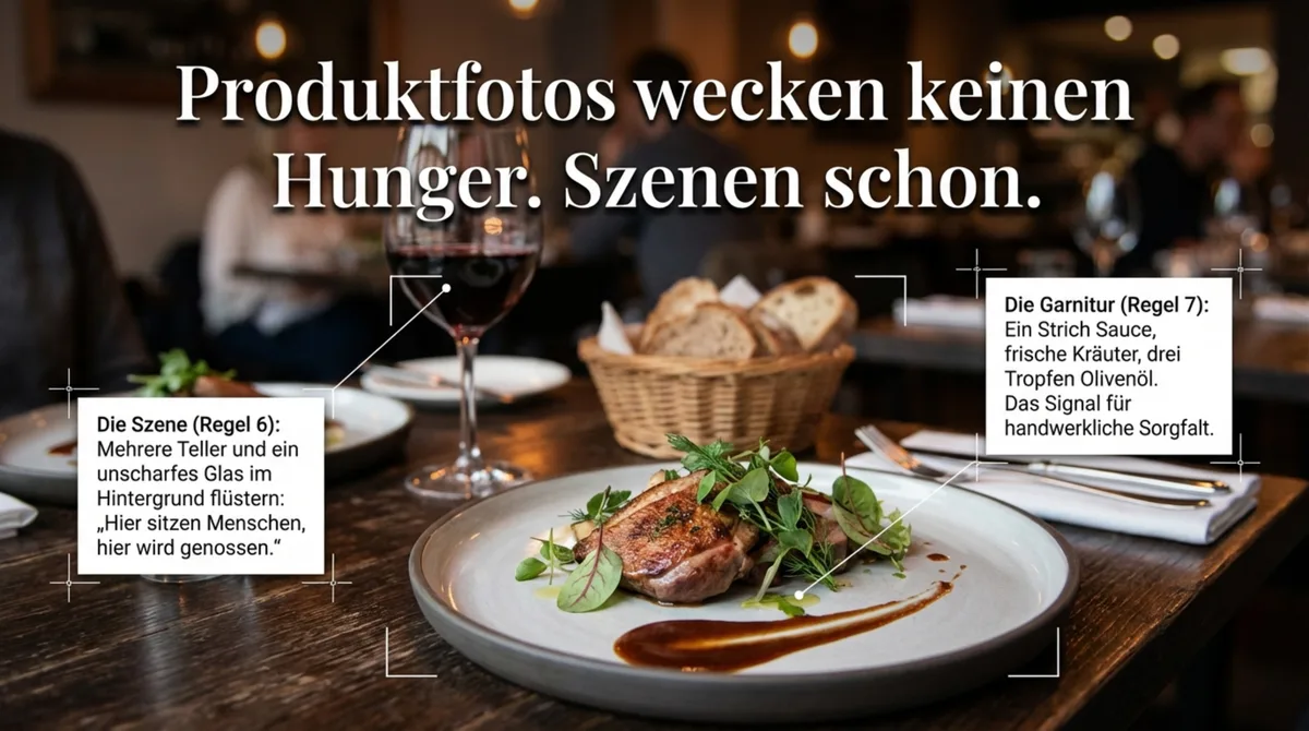 Restaurant-Szene mit Fleischgericht, Weinglas und Brotkorb: Regel 6 und 7 fuer Speisefotografie