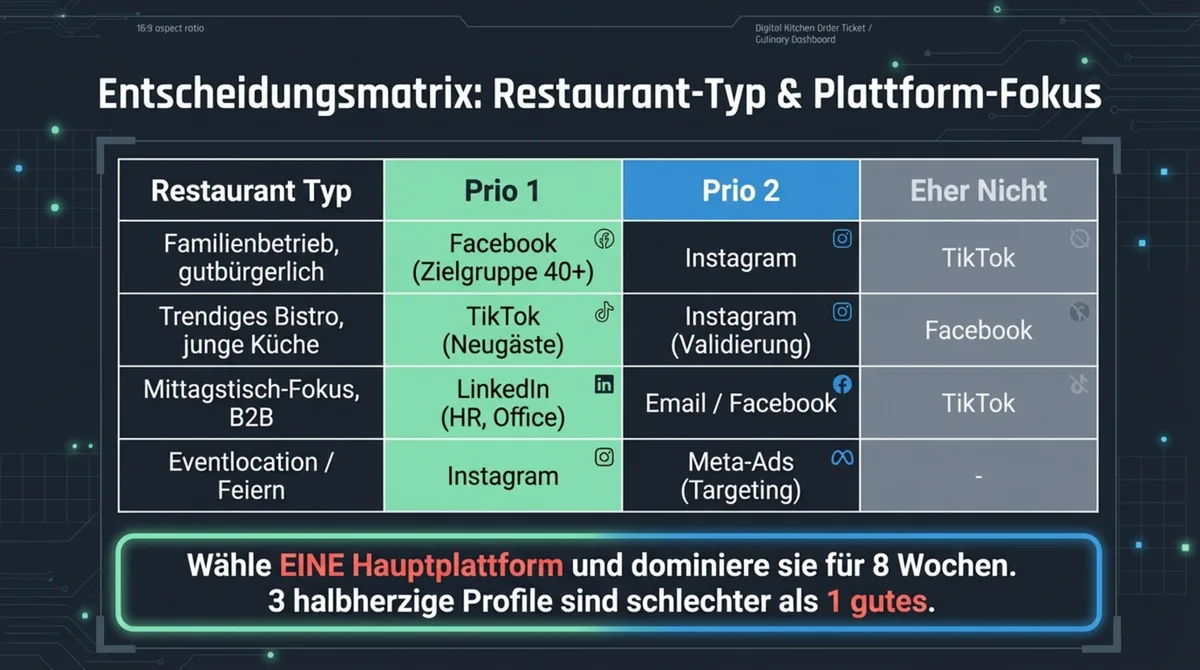Entscheidungsmatrix Restaurant-Typ und Social Media Plattform: Familienbetrieb Facebook, Trendiges Bistro TikTok, Mittagstisch LinkedIn, Eventlocation Instagram – mit Prioritäten und Ausschlüssen