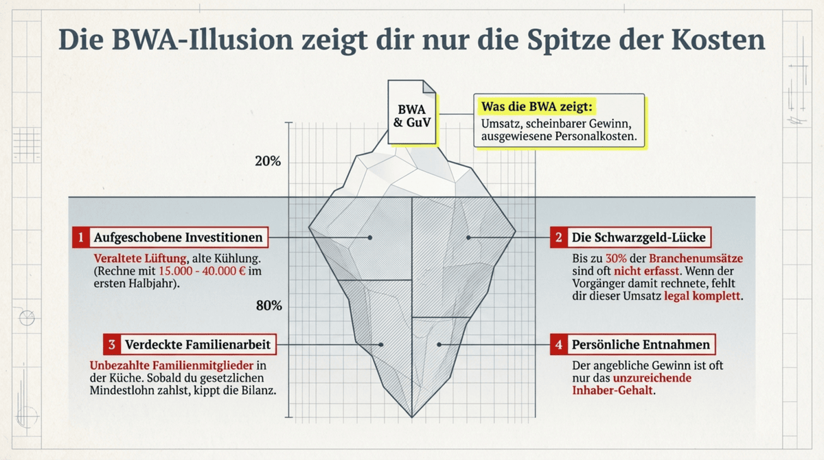 BWA-Illusion bei Restaurant-Übernahme – versteckte Kosten unter der Oberfläche wie ein Eisberg