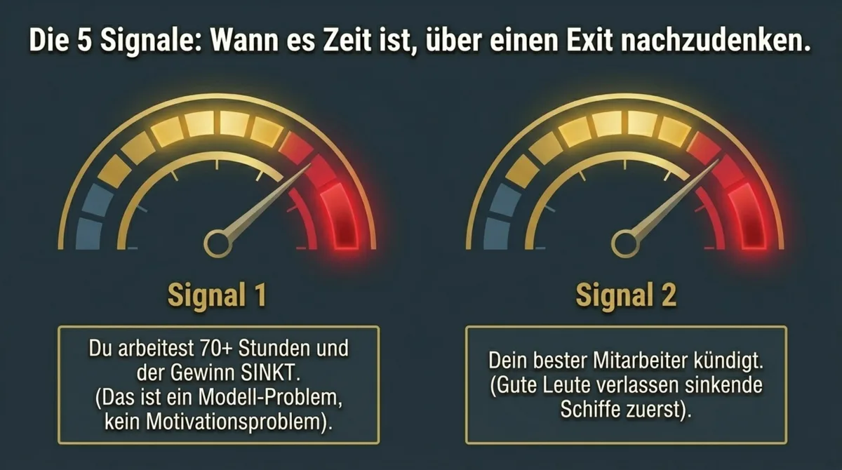 Die 5 Signale wann du dein Restaurant verkaufen solltest: Signal 1 mehr als 70 Stunden bei sinkendem Gewinn und Signal 2 bester Mitarbeiter kündigt