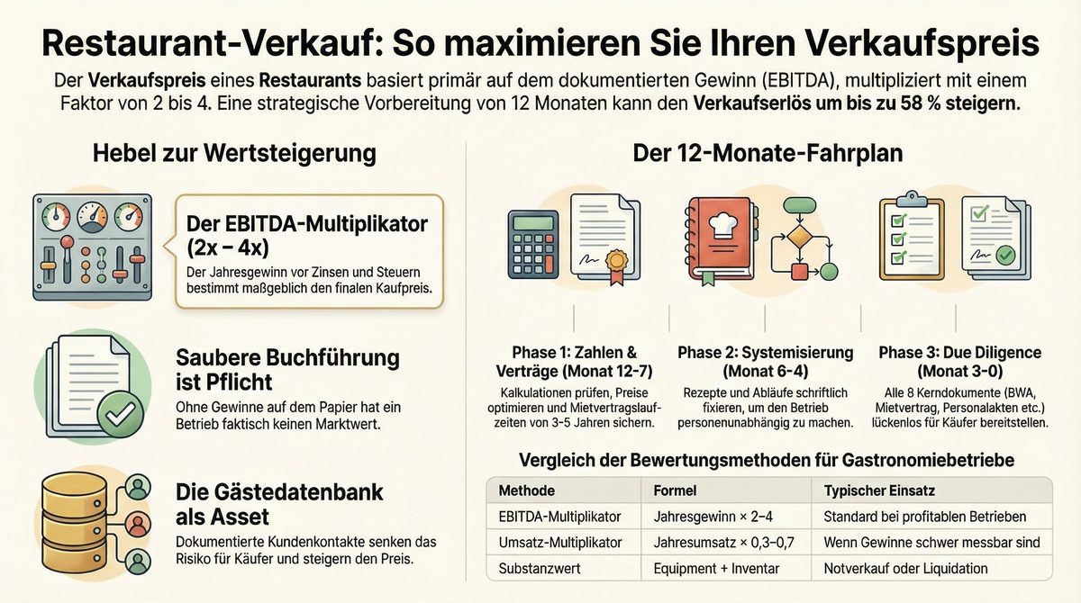 Infografik Restaurant verkaufen: EBITDA-Multiplikator, Hebel zur Wertsteigerung und 12-Monate-Fahrplan