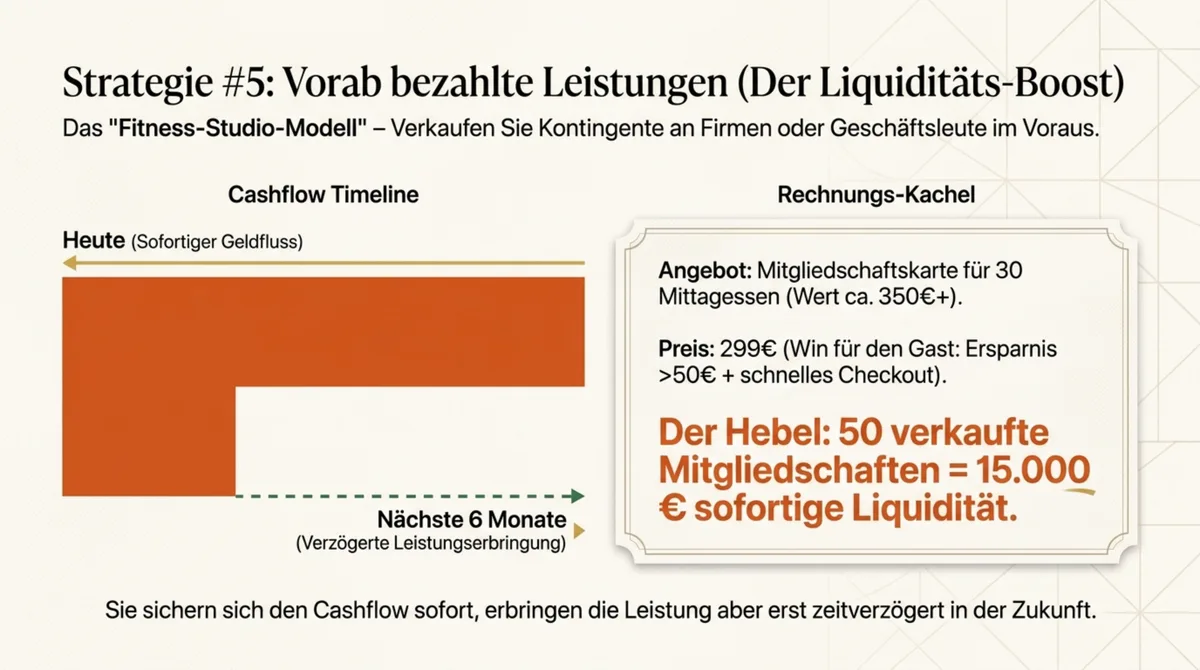 Cashflow-Diagramm: Vorab bezahlte Restaurant-Mitgliedschaften sichern sofortige Liquidität für zukünftige Leistungen