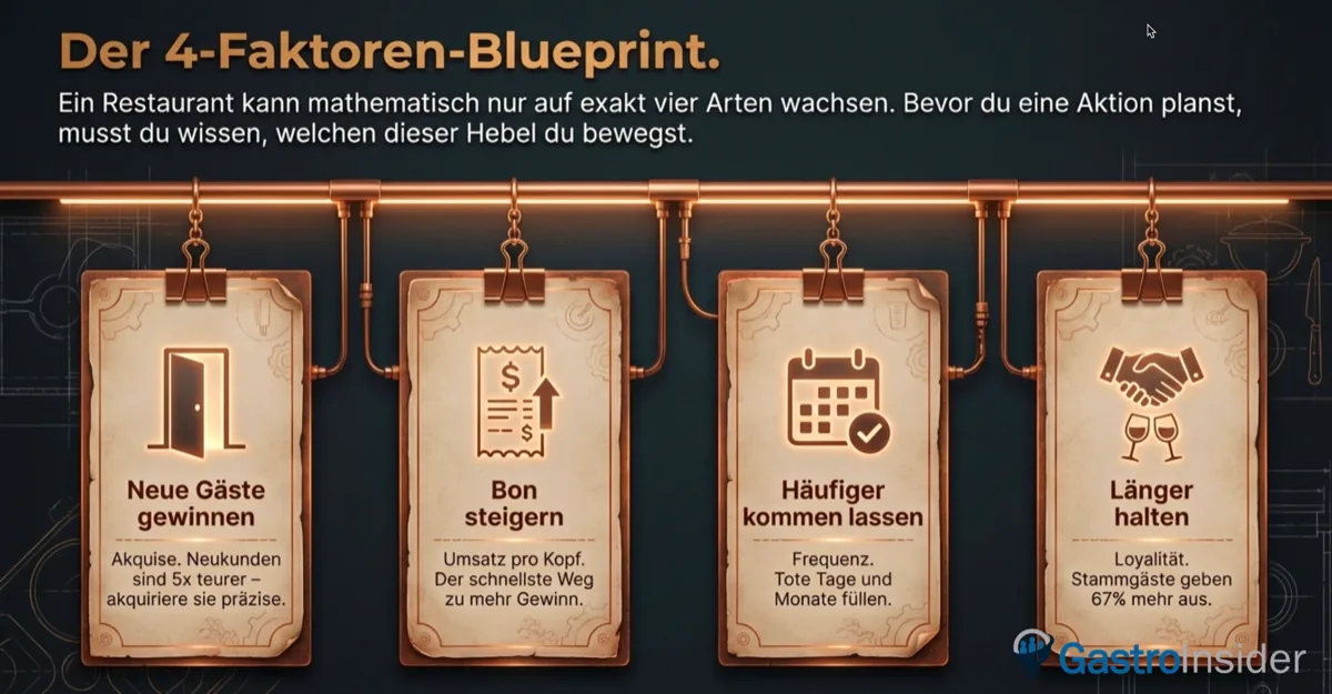 Die 4 GastroInsider Wachstumsfaktoren für Restaurants: Neue Gäste, Bon steigern, Frequenz erhöhen, Bindung stärken