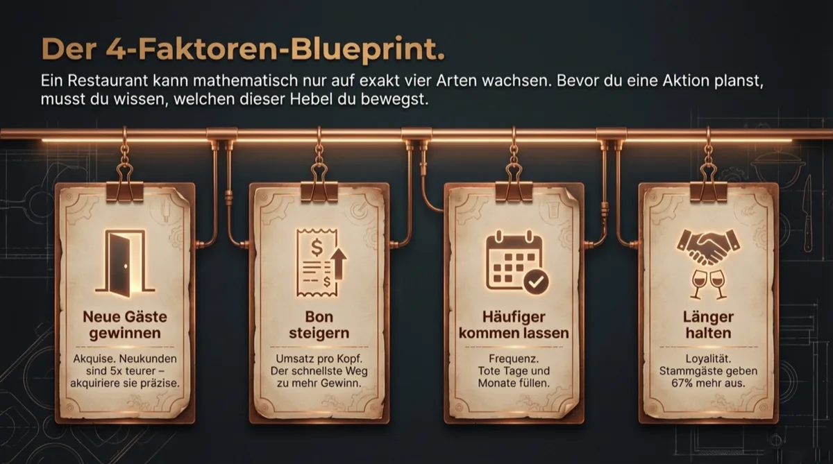 Der 4-Faktoren-Blueprint: Neue Gäste gewinnen, Bon steigern, häufiger kommen lassen, länger halten
