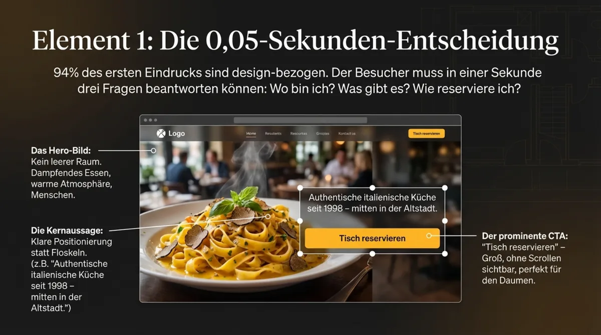 Restaurant-Website Hero-Bereich Aufbau: appetitanregendes Bild, Positionierung und Reservierungs-Button im ersten Sichtbereich