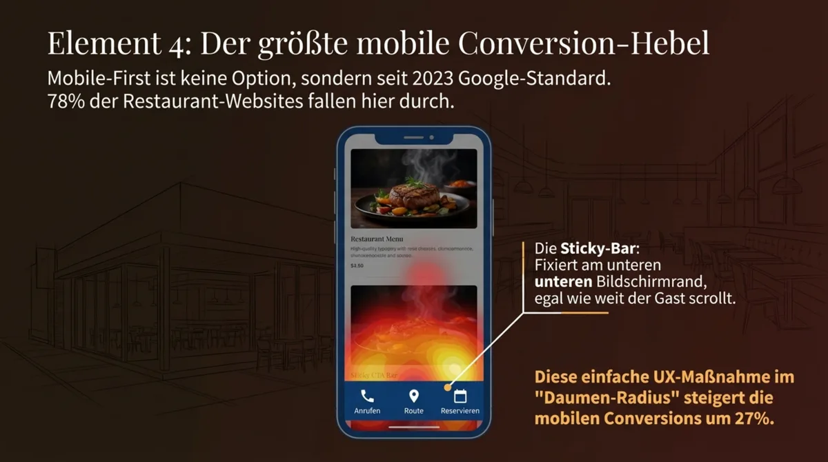 Restaurant-Website Mobile Sticky-Bar mit Anrufen, Route und Reservieren im Daumen-Radius
