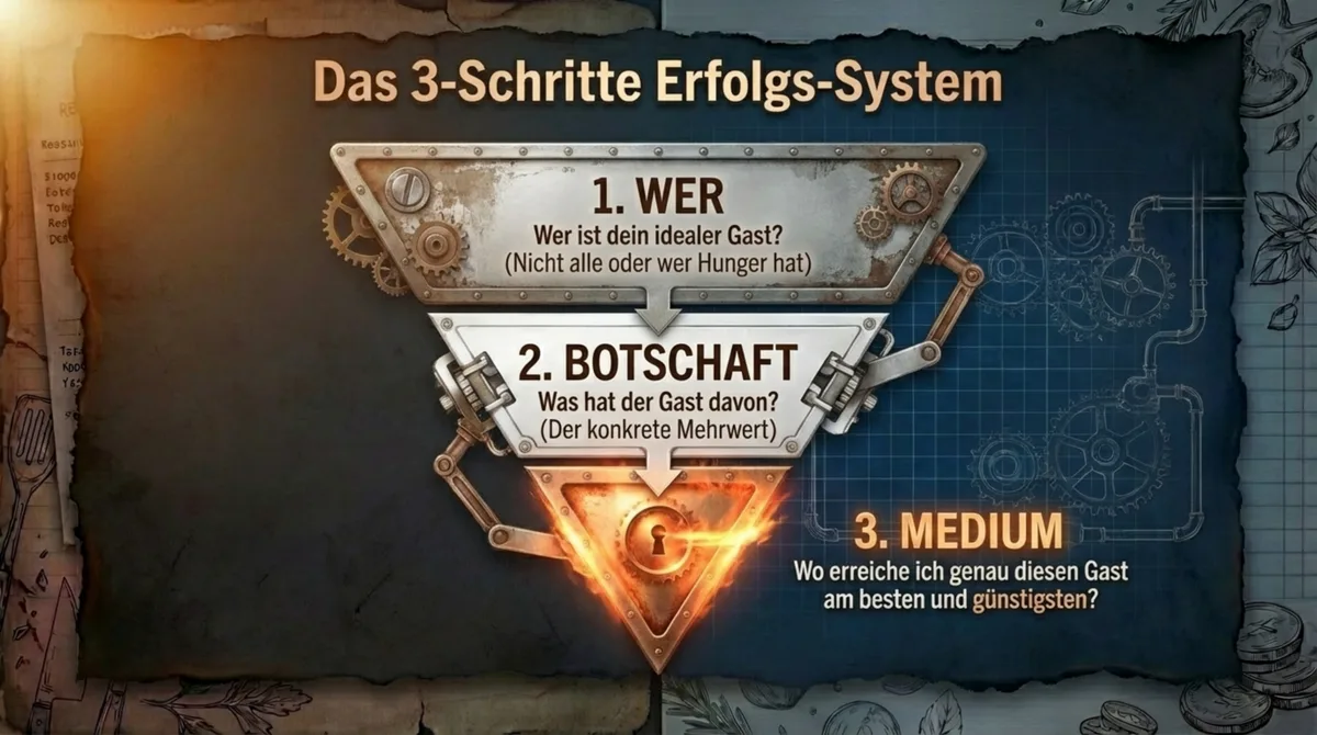 Das 3-Schritte Erfolgs-System für Restaurant Werbung: WER – BOTSCHAFT – MEDIUM in der richtigen Reihenfolge