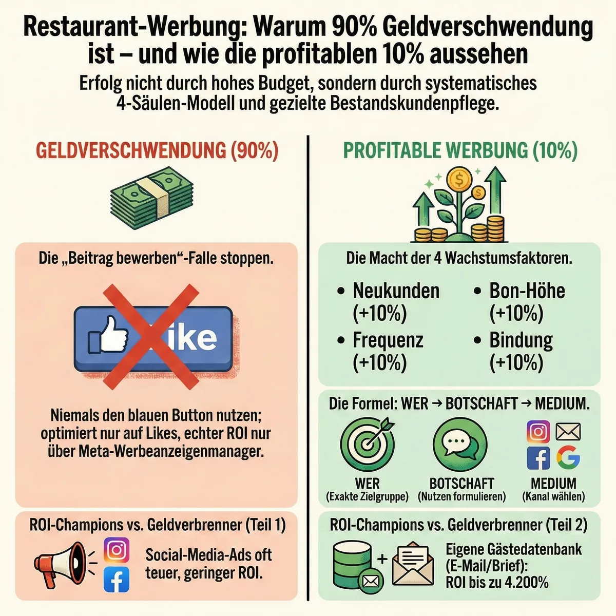 Restaurant Werbung Infografik: Warum 90% Geldverschwendung ist und wie die profitablen 10% mit eigener Gästedatenbank und Direktmarketing arbeiten