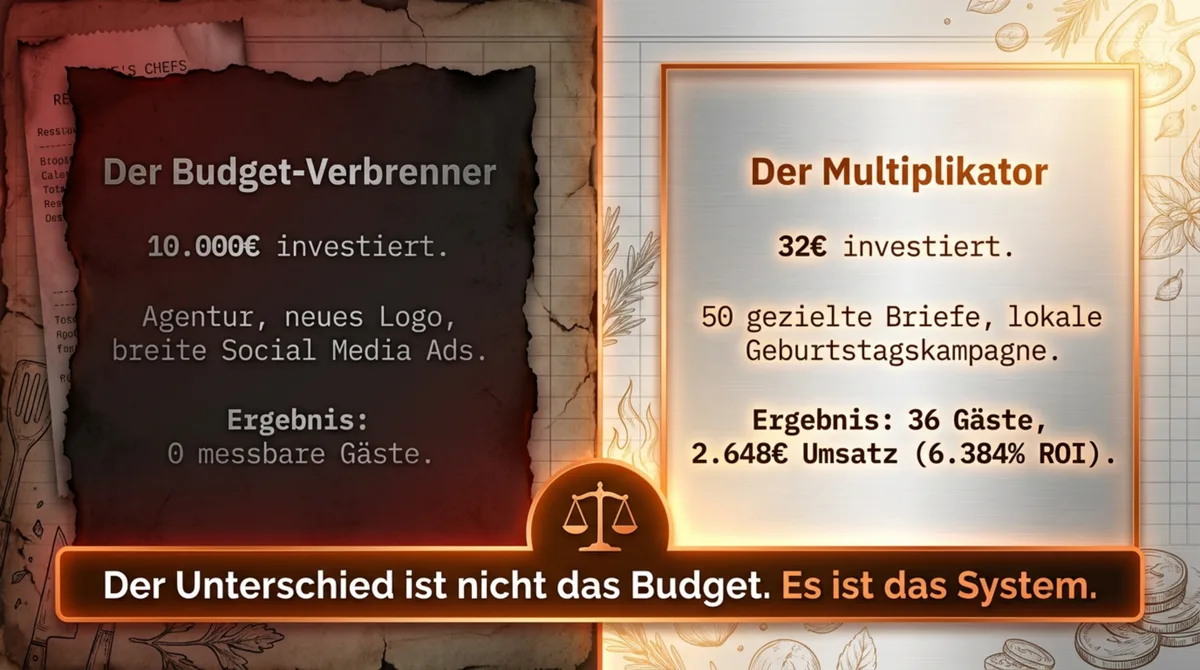 Restaurant Werbung Vergleich: 10.000 Euro Agentur-Budget vs. 32 Euro gezielter Direktmarketing-Einsatz mit 6.384% ROI