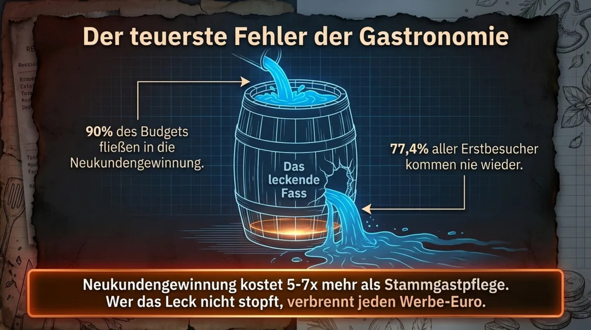 Das leckende Fass: 90% des Restaurant-Werbebudgets fließt in Neukundengewinnung, aber 77,4% der Erstbesucher kommen nie wieder
