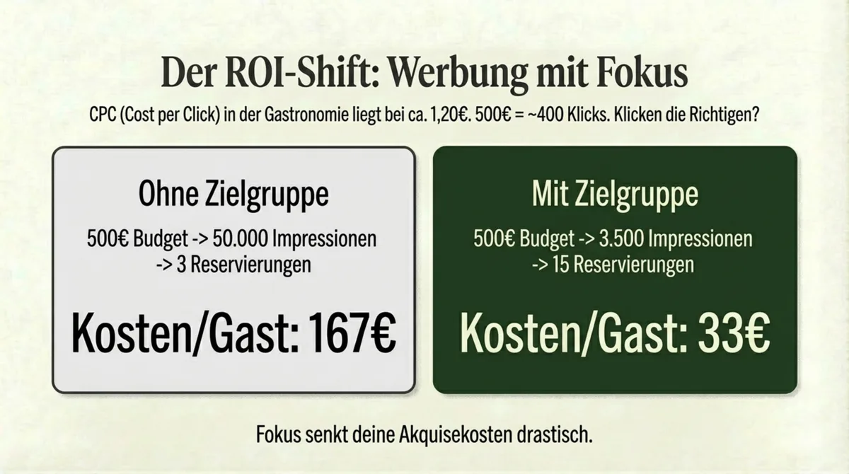 ROI-Vergleich Restaurant-Werbung: Ohne Zielgruppe 167 Euro vs. mit Persona nur 33 Euro Kosten pro Gast