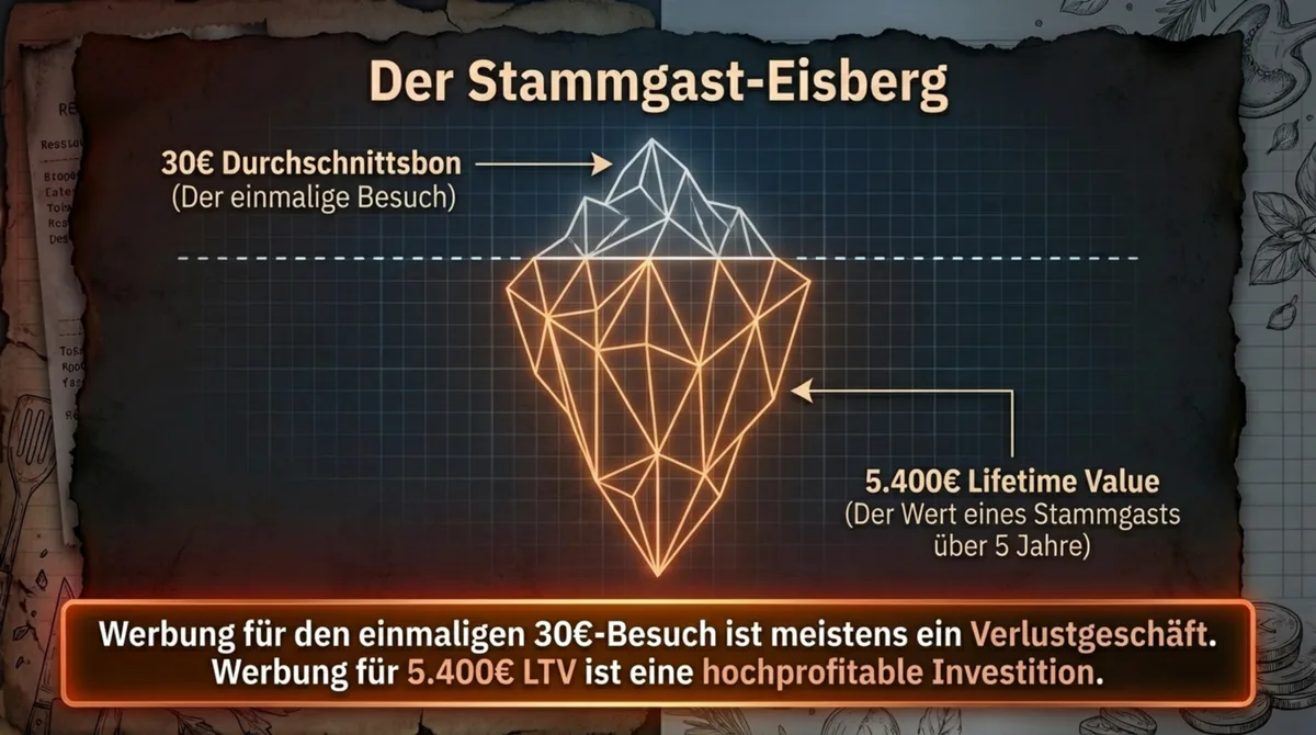 Der Stammgast-Eisberg: 30 Euro Durchschnittsbon vs. 5.400 Euro Lifetime Value über 5 Jahre