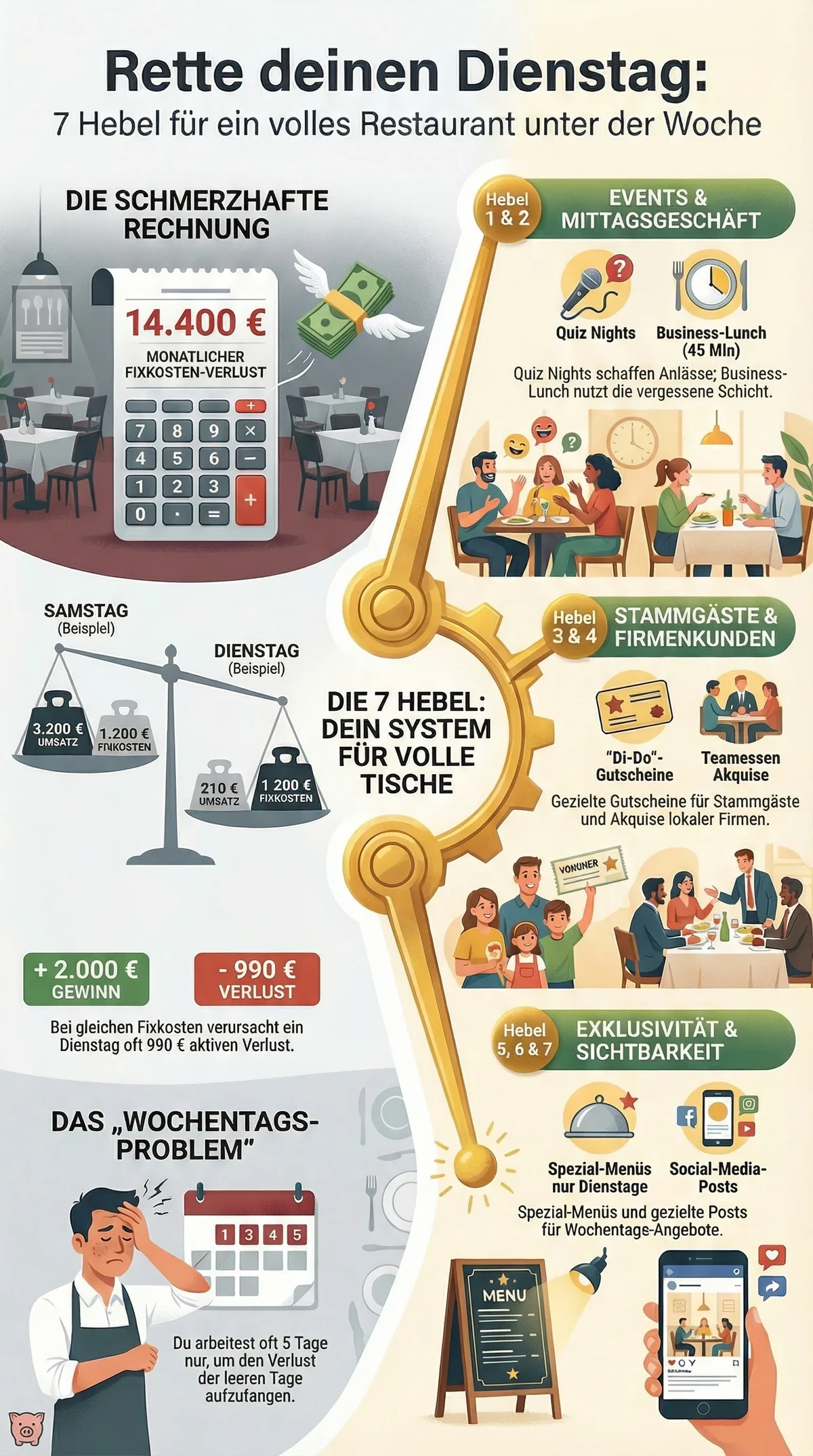 Restaurant unter der Woche auslasten – 7 Hebel Zusammenfassung Infografik