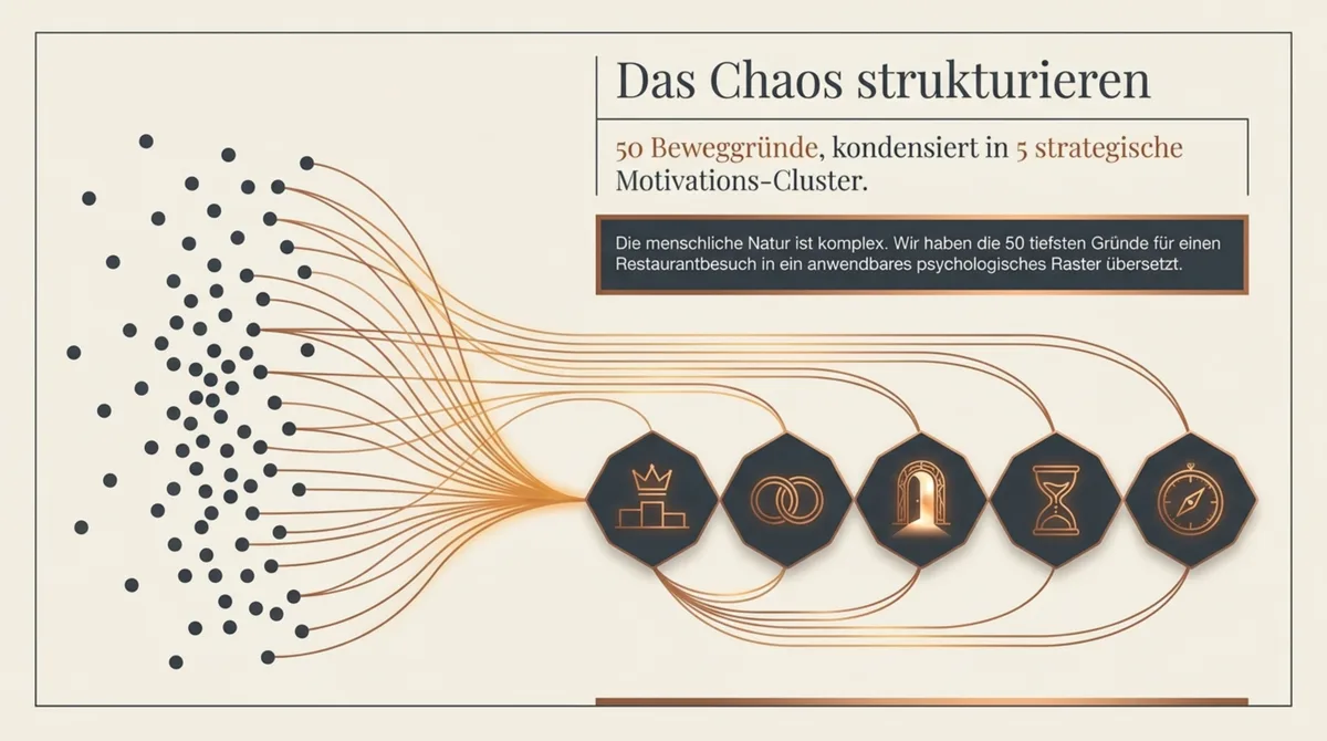 50 Gründe für einen Restaurantbesuch strukturiert in 5 Cluster: Ego und Status, Soziales, Eskapismus und Emotion, Bequemlichkeit, Neugier und Vitalität