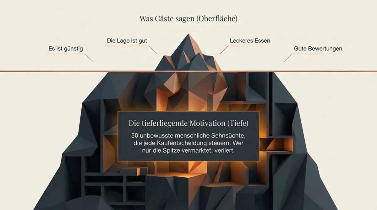 Der Eisberg der Gästemotive: Was Gäste sagen ist die Oberfläche — die wahren Beweggründe wie Status, Verbundenheit und Eskapismus liegen darunter